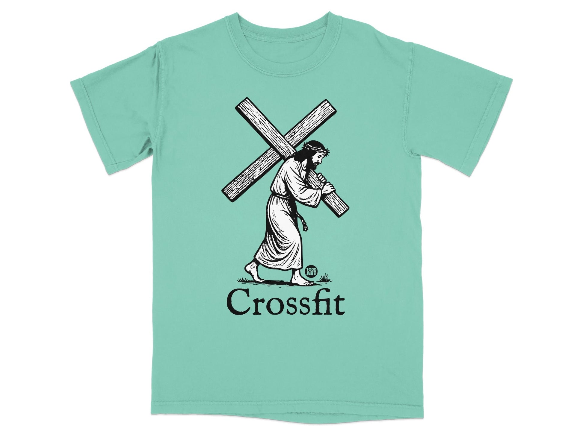 Jesus carrying the cross with "Crossfit" and "Forged Art" logos.