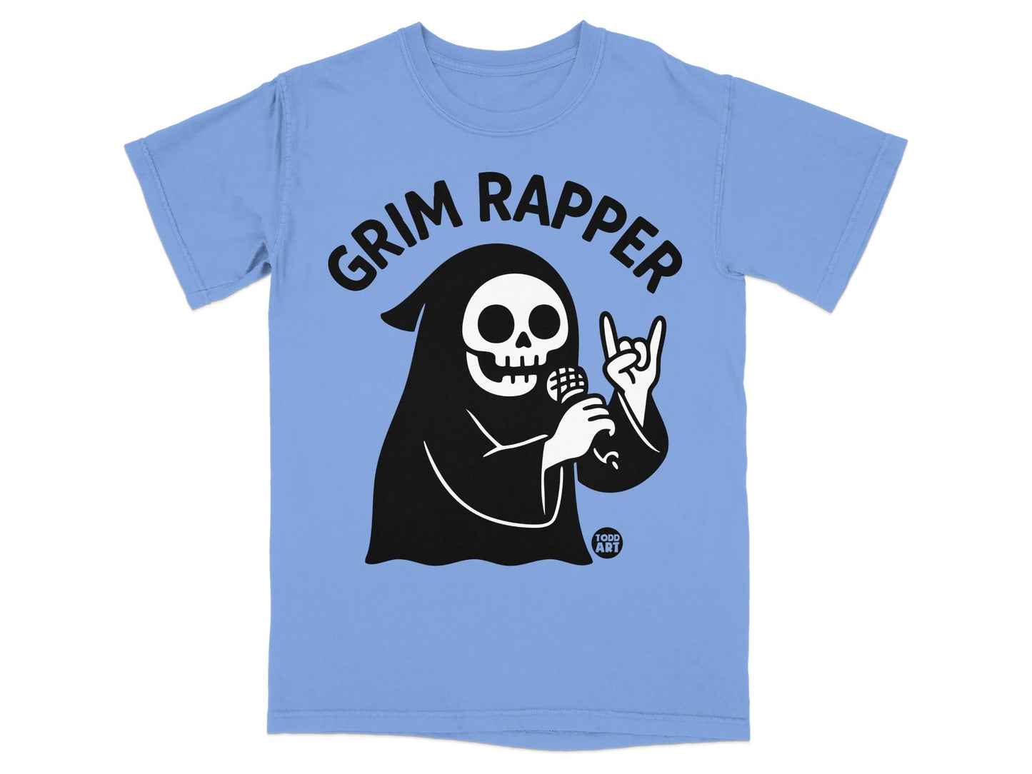 Grim Rapper skull character with microphone on a light blue t-shirt.