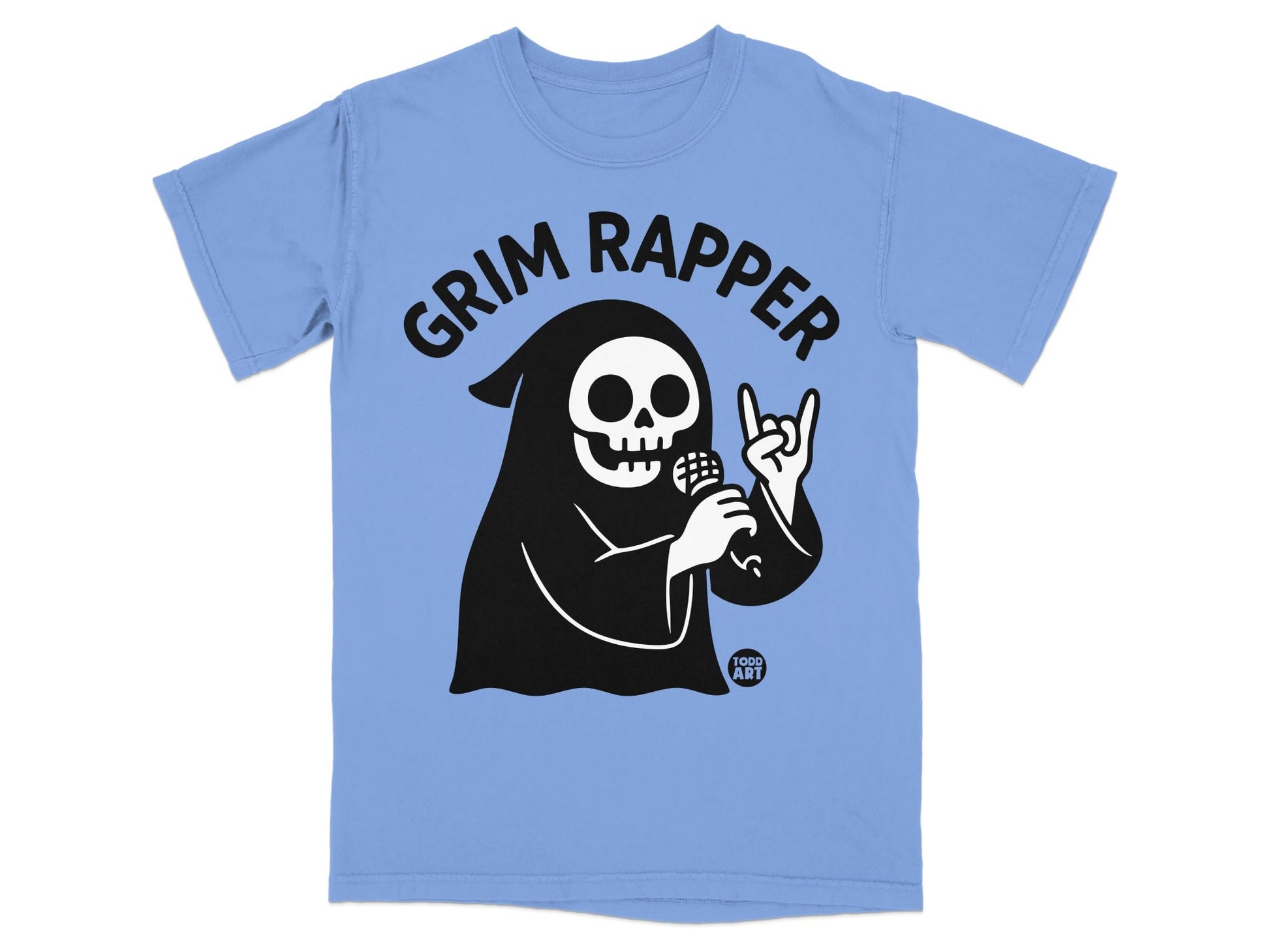 Grim Rapper skull character with microphone on a light blue t-shirt.