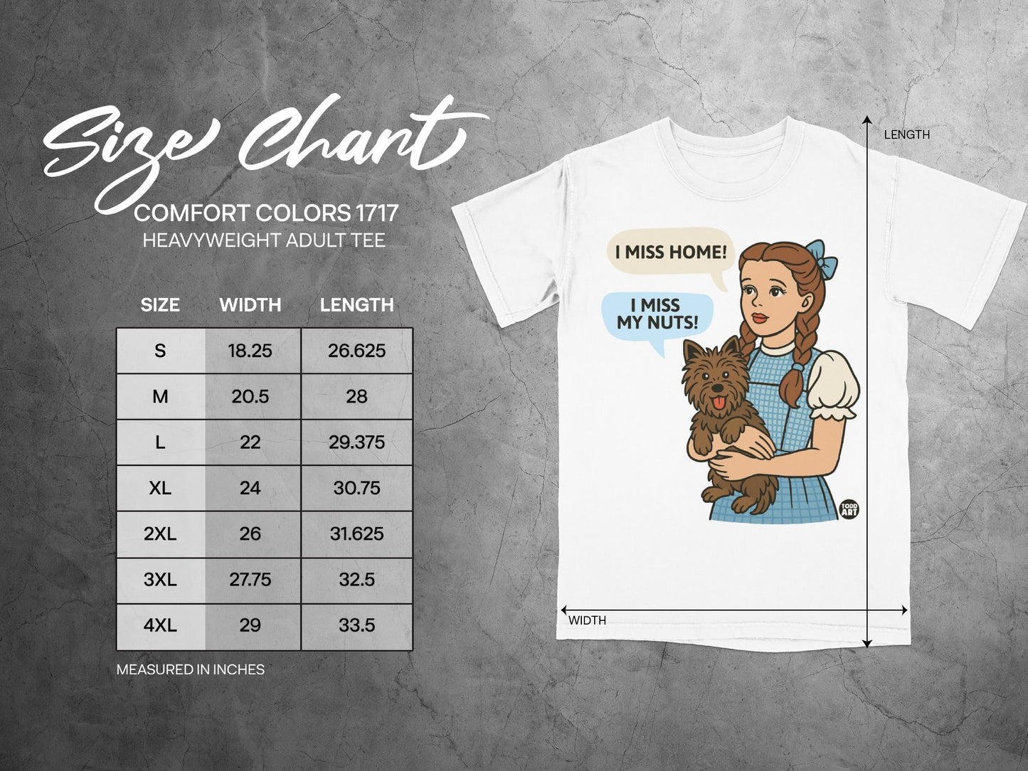 Size chart for Comfort Colors 1717 heavyweight adult tee.