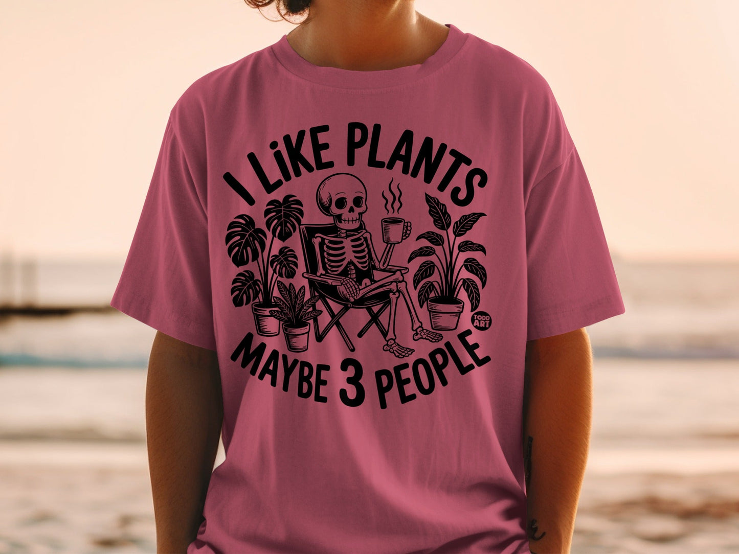 Skeleton sitting in chair with plants and coffee, text says "I like plants maybe 3 people".