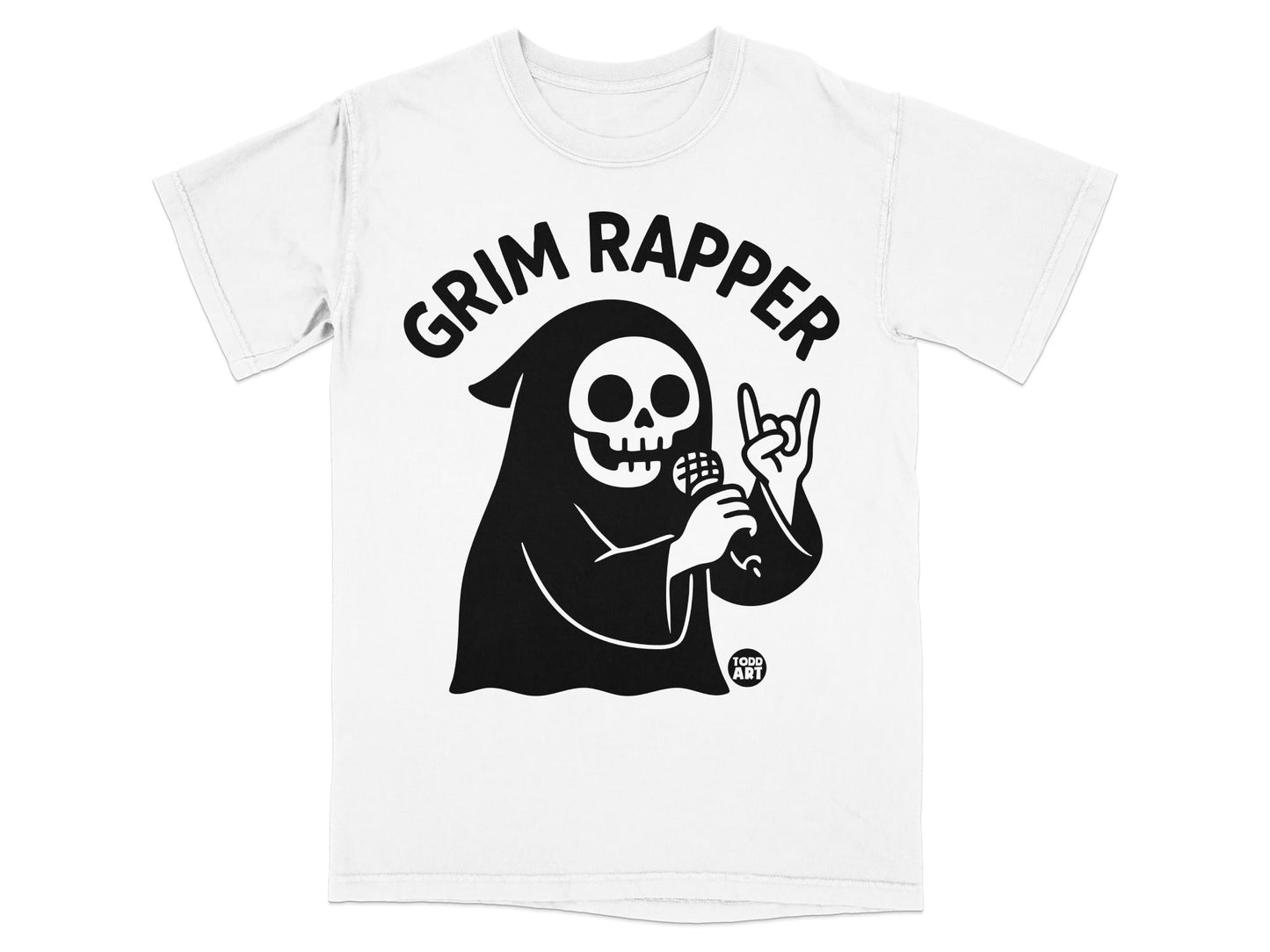 Grim Reaper wearing a robe, holding a microphone, with "Grim Rapper" text.