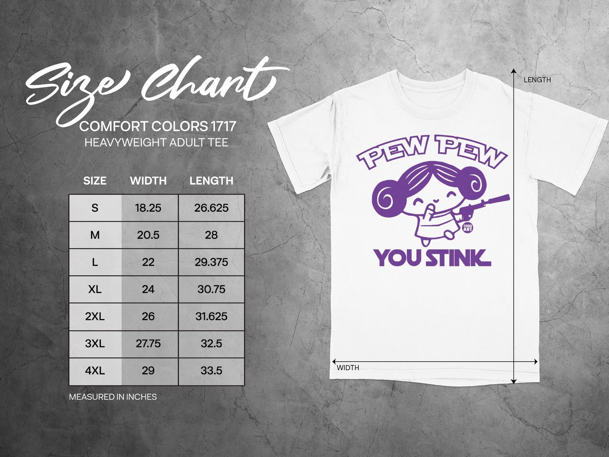 Size chart with T-shirt measurements and "Pew Pew You Stink" graphic.