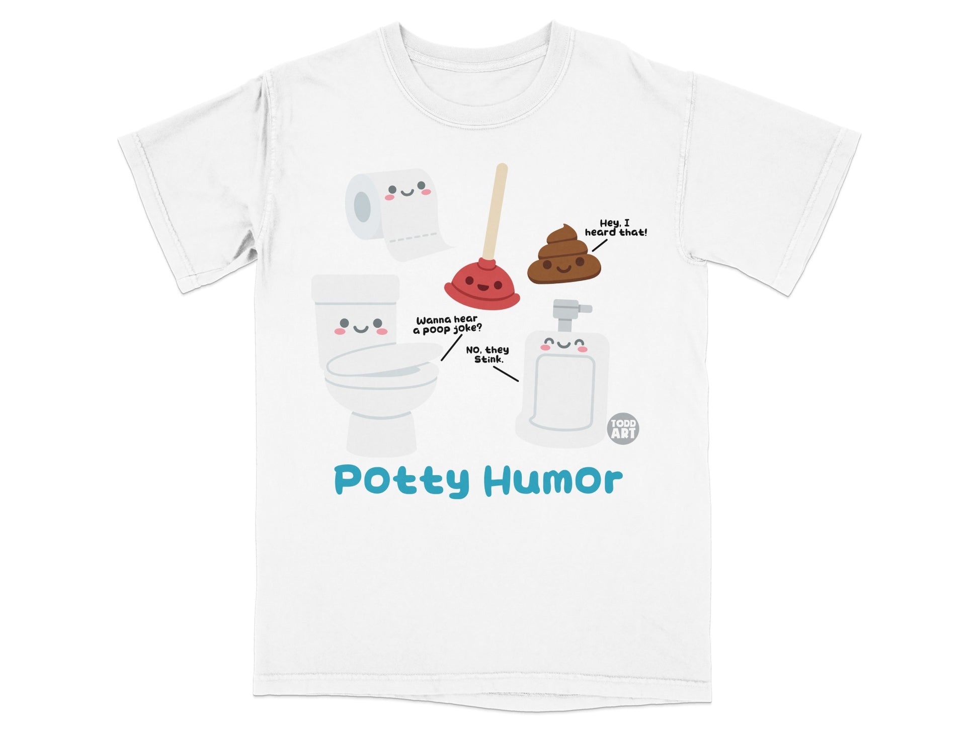 White t-shirt with "Potty Humor" and cartoon toilet paper, plunger, and soap dispenser.