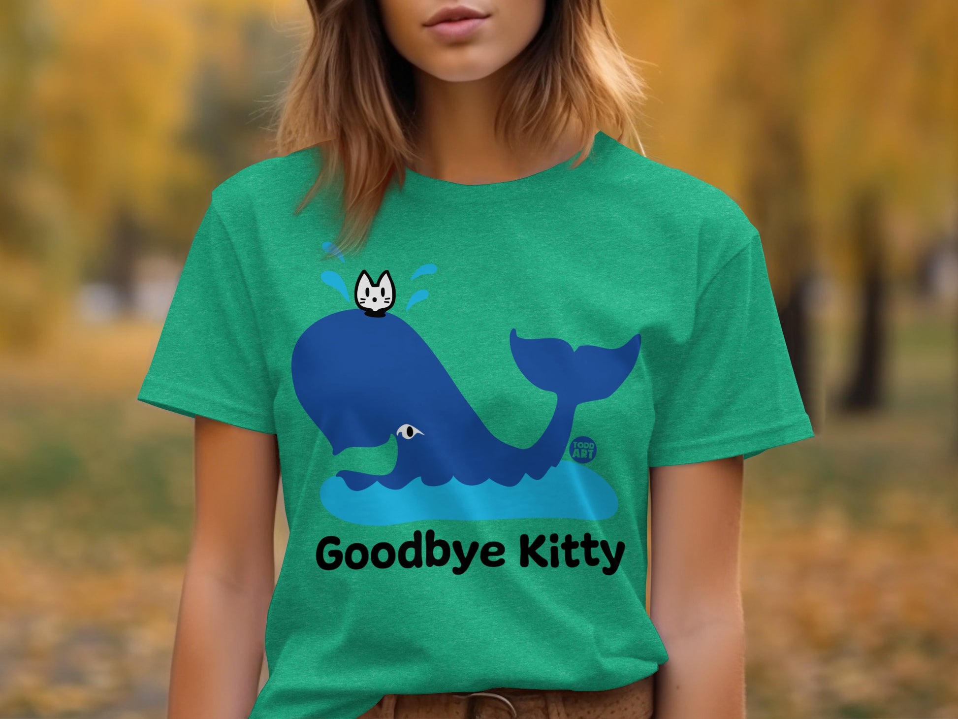 Goodbye Kitty Cartoon Whale on Green Shirt