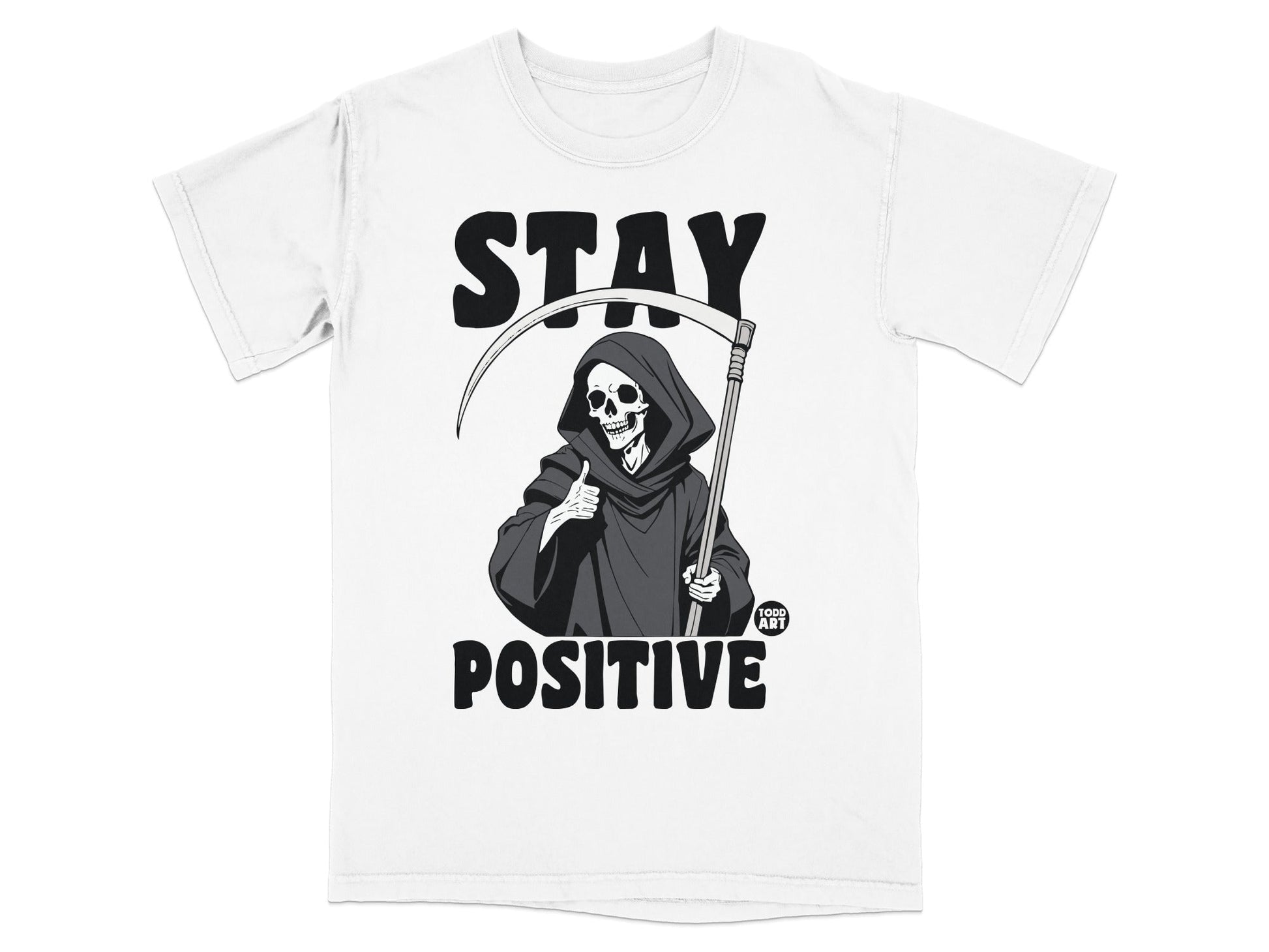Grim Reaper giving a thumbs up with "STAY POSITIVE" text.