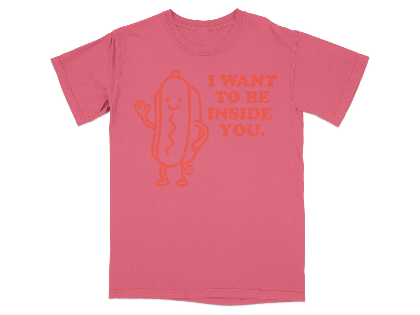 Salmon t-shirt with hot dog graphic and text "I want to be inside you."