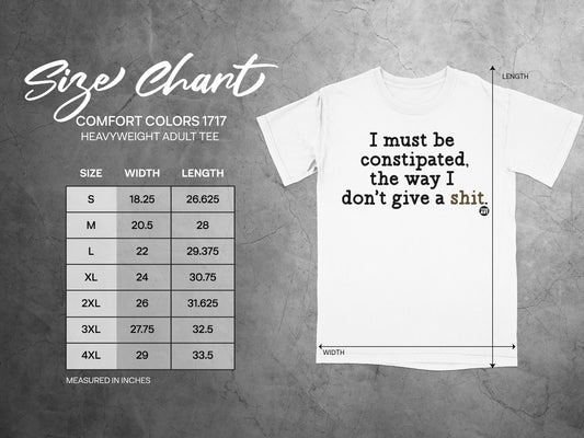 Size chart for Comfort Colors 1717 heavyweight adult tee with measurements.