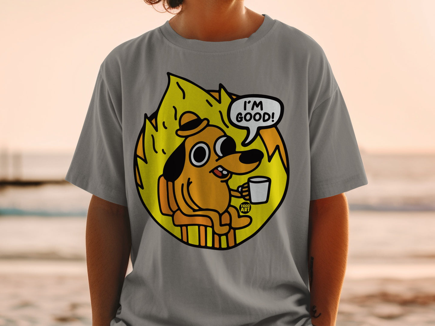 I'm Good Cartoon Dog with Coffee Graphic T-Shirt