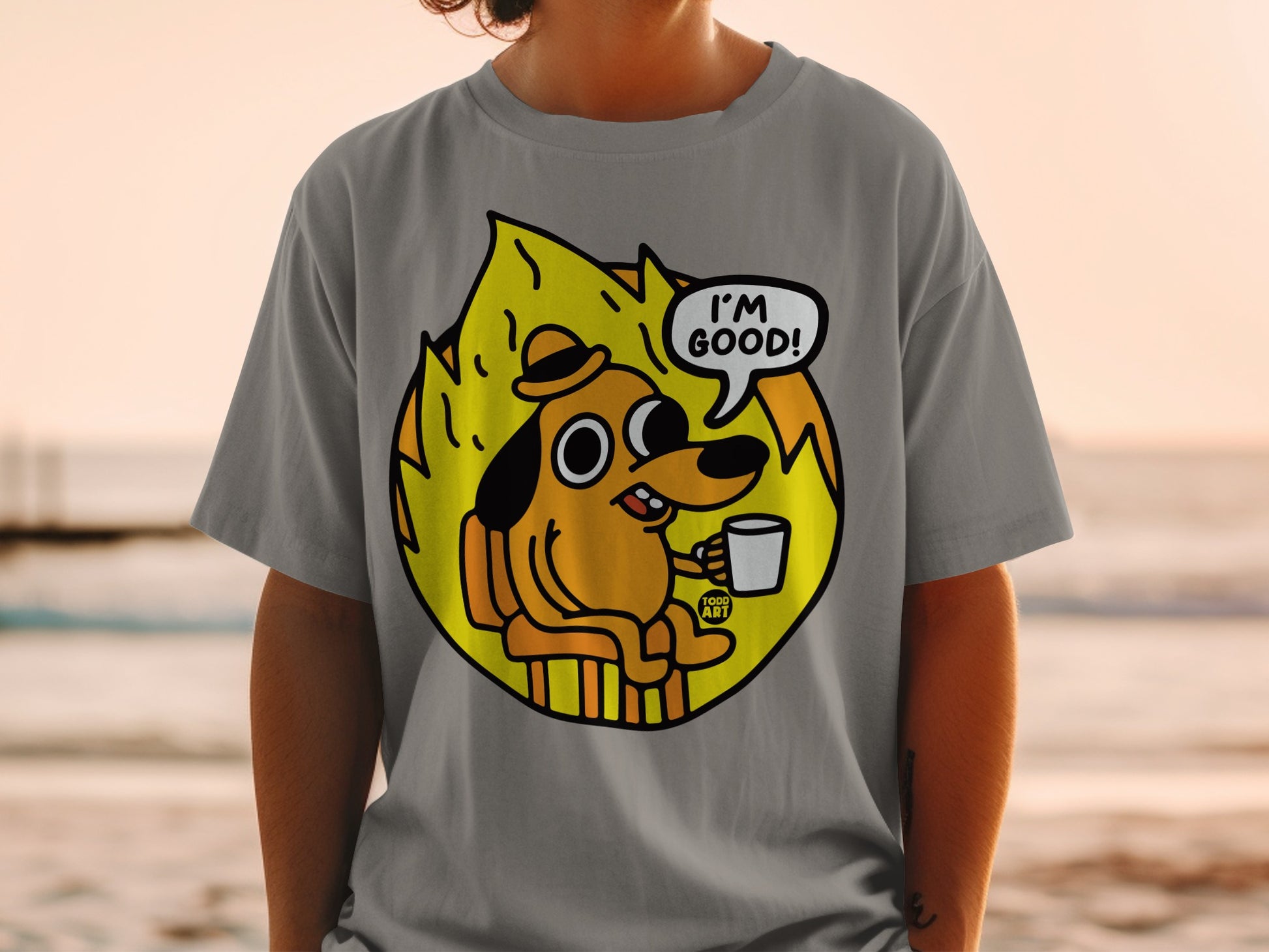 I'm Good Cartoon Dog with Coffee Graphic T-Shirt