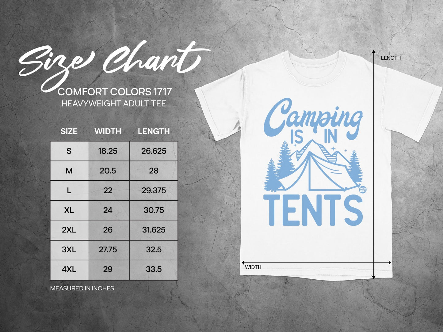 Comfort Colors 1717 size chart for heavyweight adult tee with camping design.