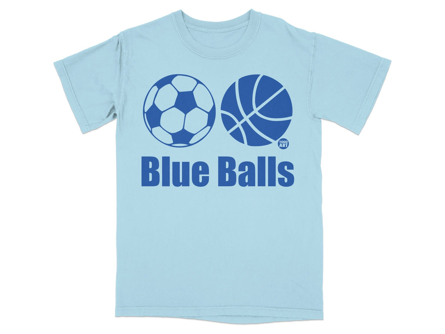 Light blue t-shirt with blue soccer and basketball icons and text "Blue Balls".