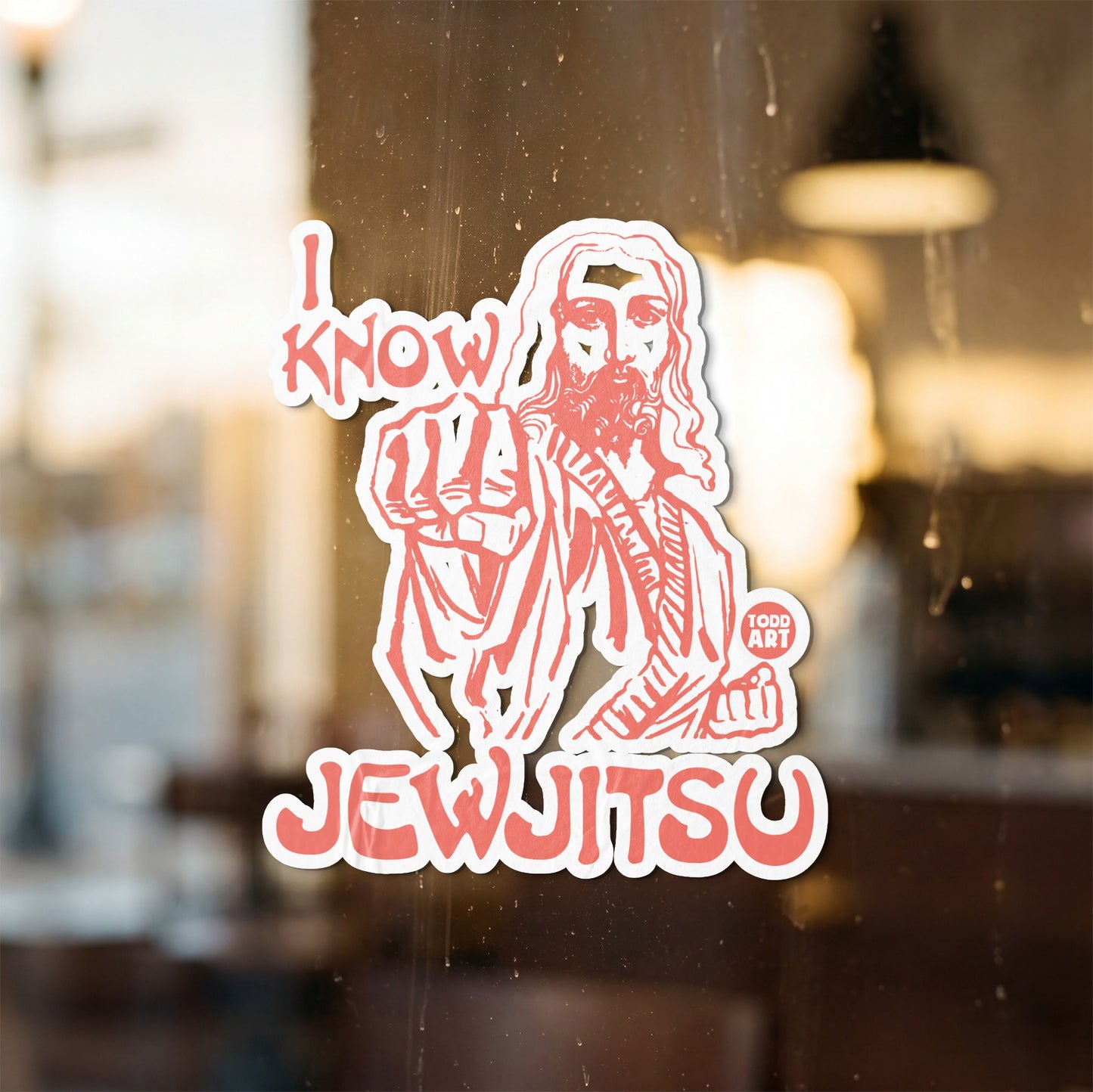 Sticker with Jesus saying "I KNOW JEWJITSU" and "TODD ART" logo.