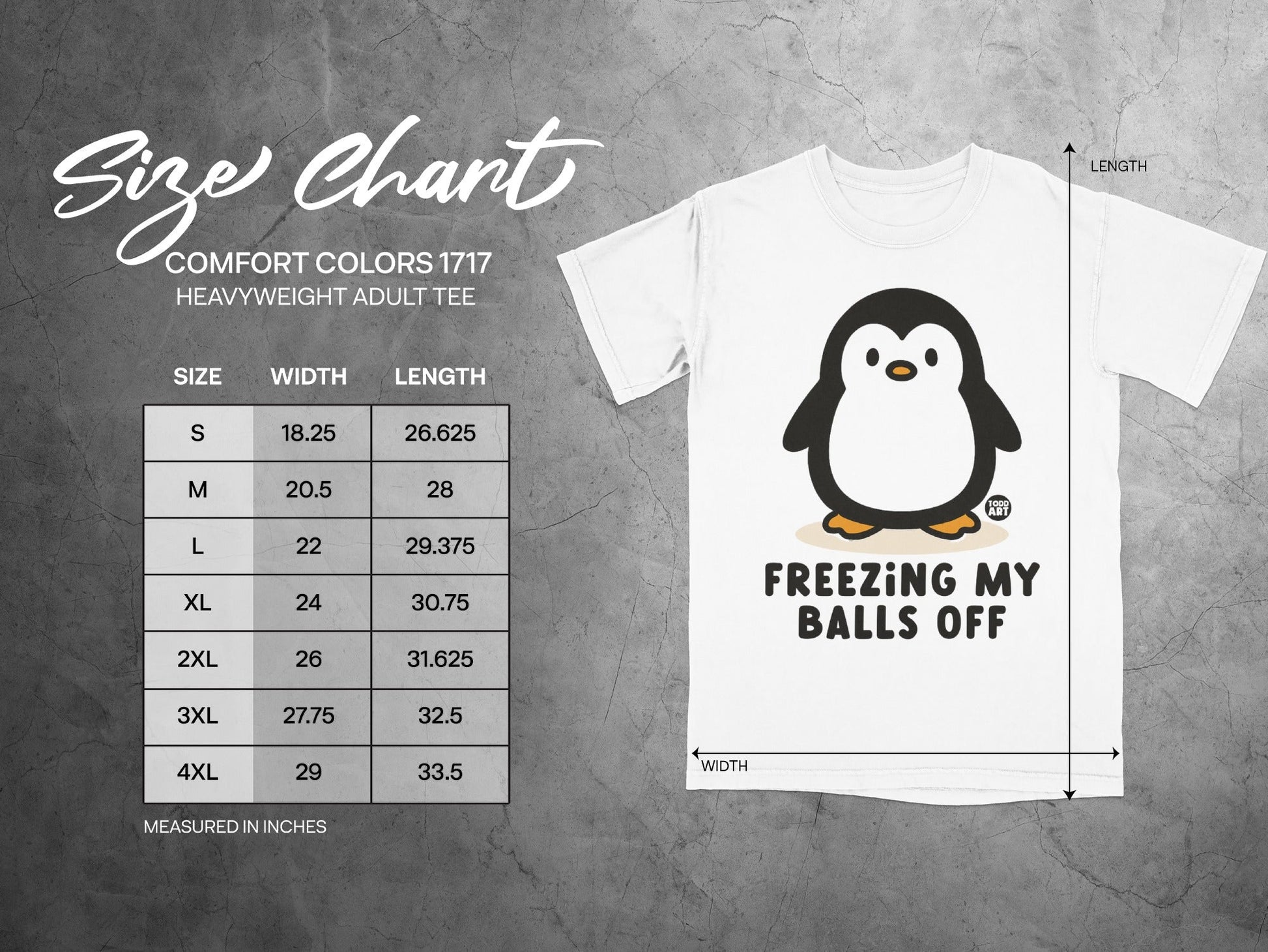 Comfort Colors 1717 size chart for heavyweight adult tees.