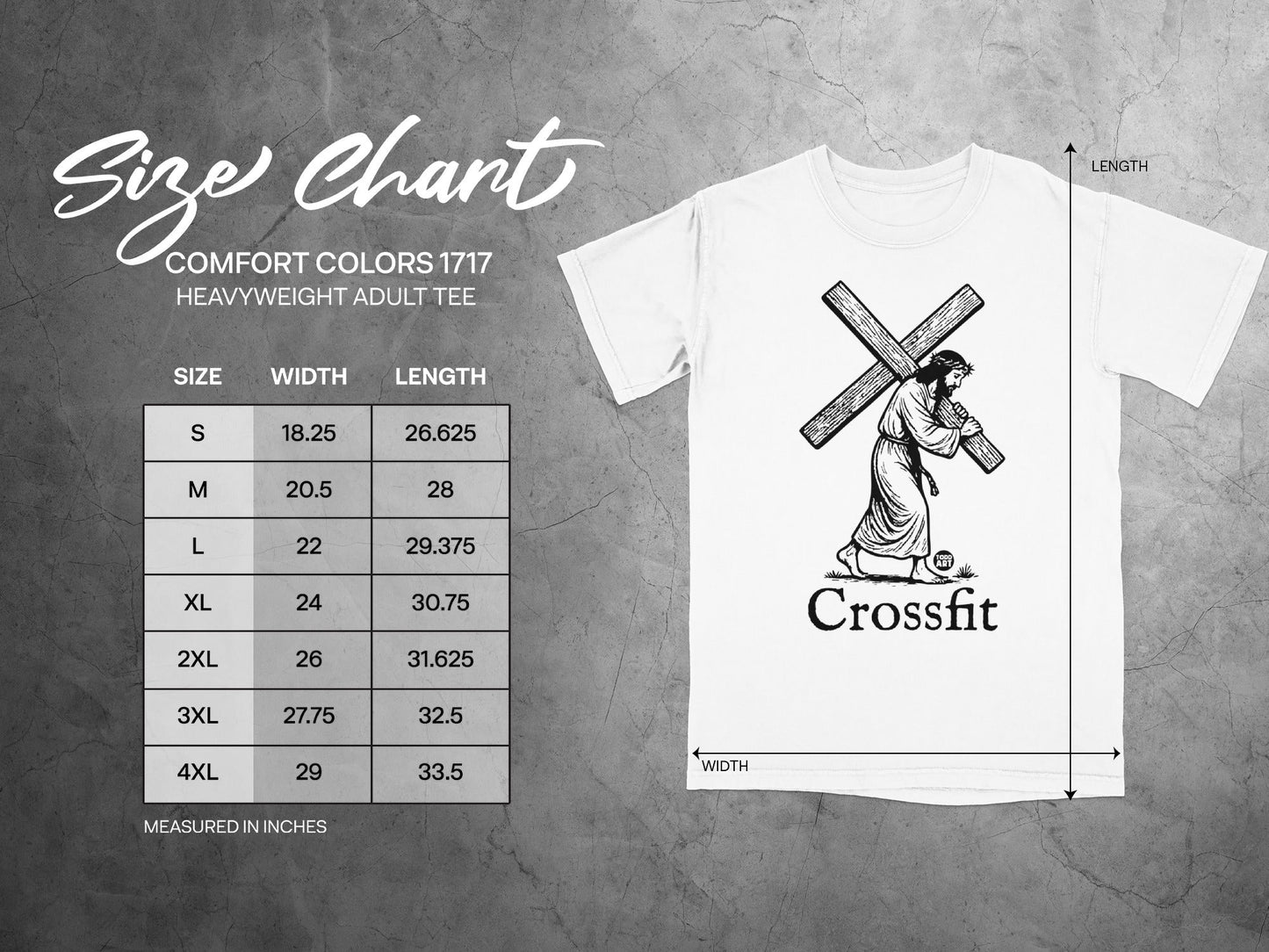 Comfort Colors 1717 size chart for heavyweight adult tees, measured in inches.