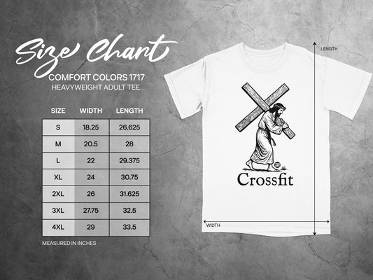 Comfort Colors 1717 size chart for heavyweight adult tees, measured in inches.