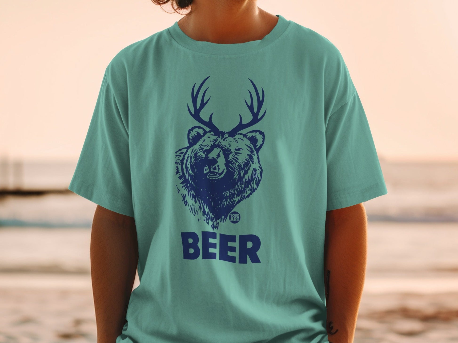 Funny Bear With Antlers Beer Graphic T-Shirt