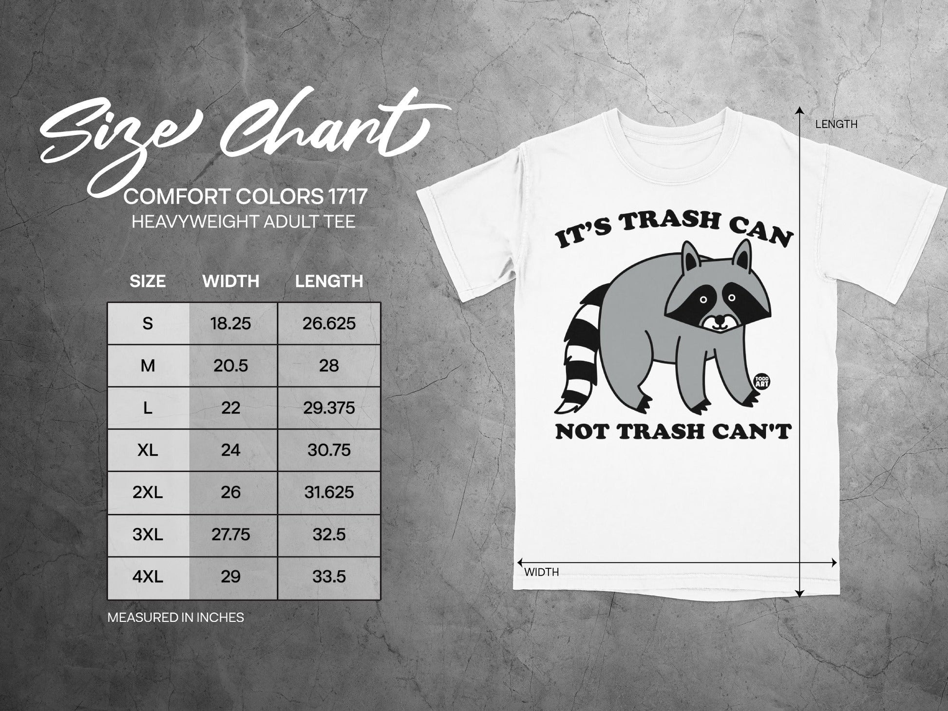 Comfort Colors 1717 heavy t-shirt size chart with chest and length measurements.