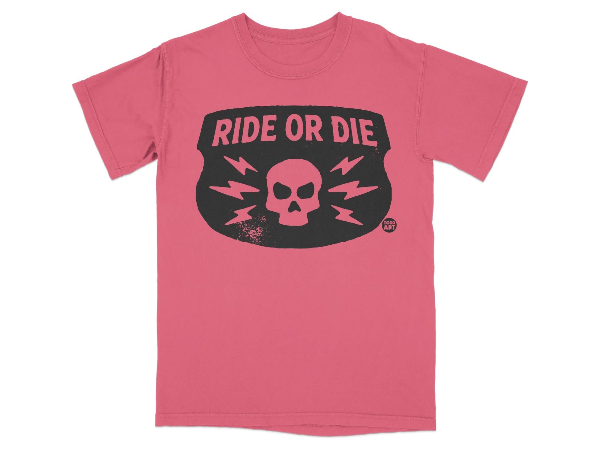 Pink t-shirt with black "RIDE OR DIE" text and skull graphic.