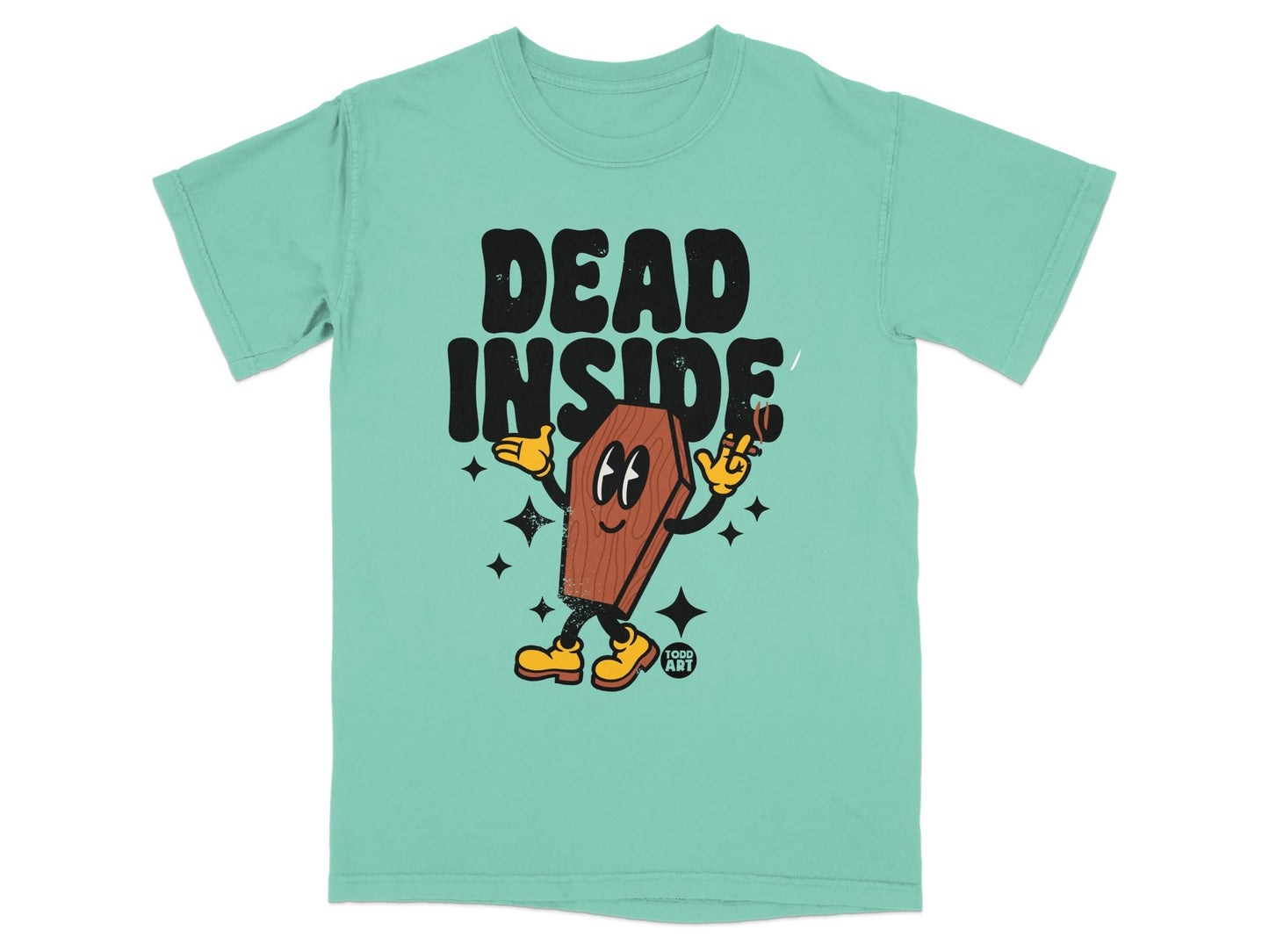 T-shirt with cartoon coffin character holding a cigarette, text "DEAD INSIDE".