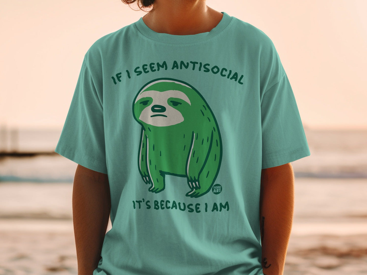 Green sloth graphic on a teal t-shirt with text: "If I seem antisocial it's because I am".