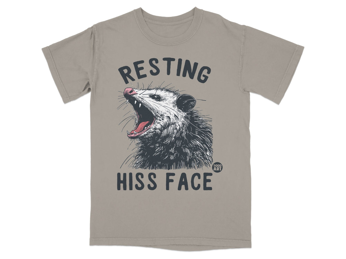 Opossum with mouth open, "RESTING HISS FACE" text.