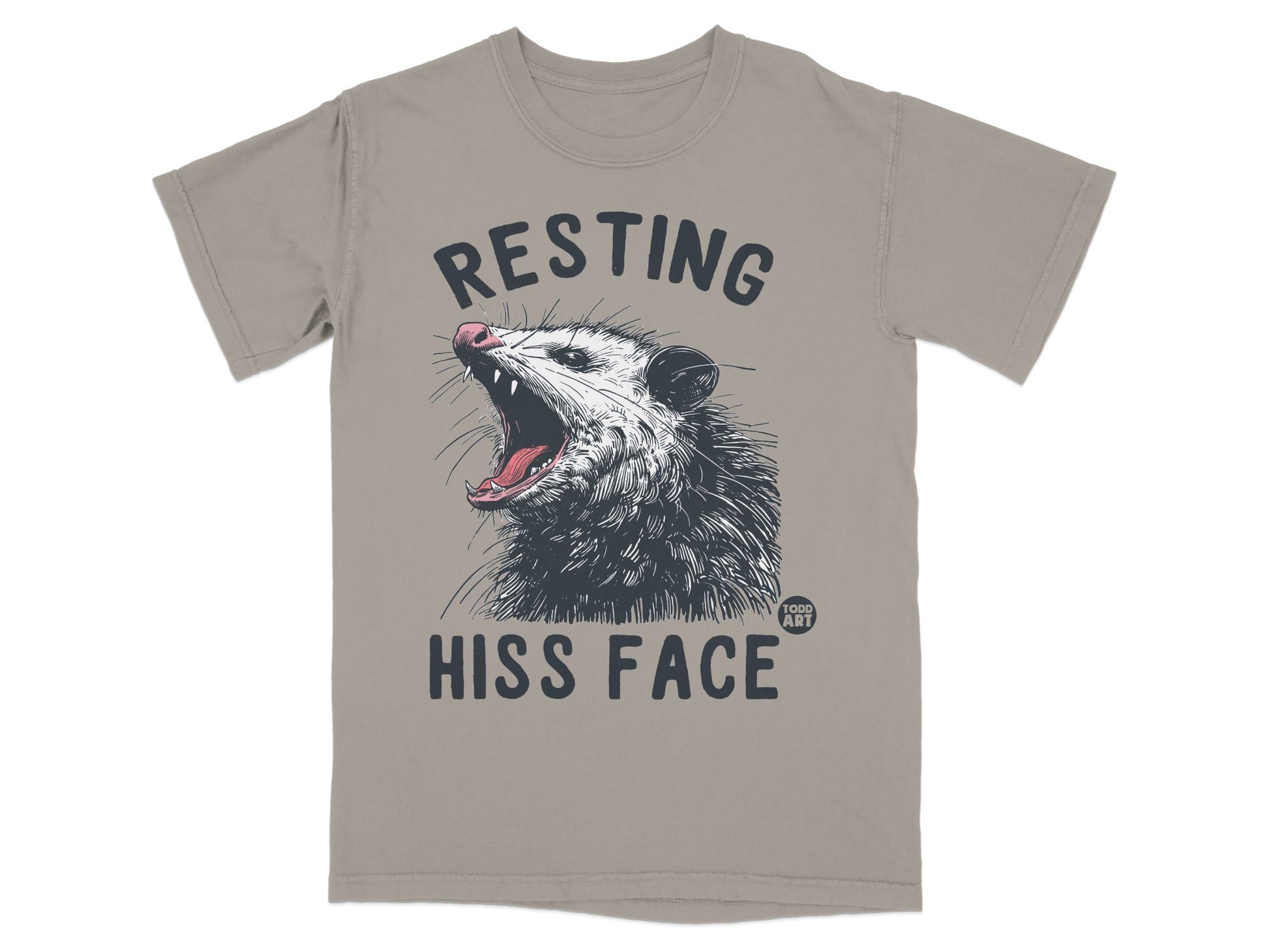 Opossum with mouth open, "RESTING HISS FACE" text.