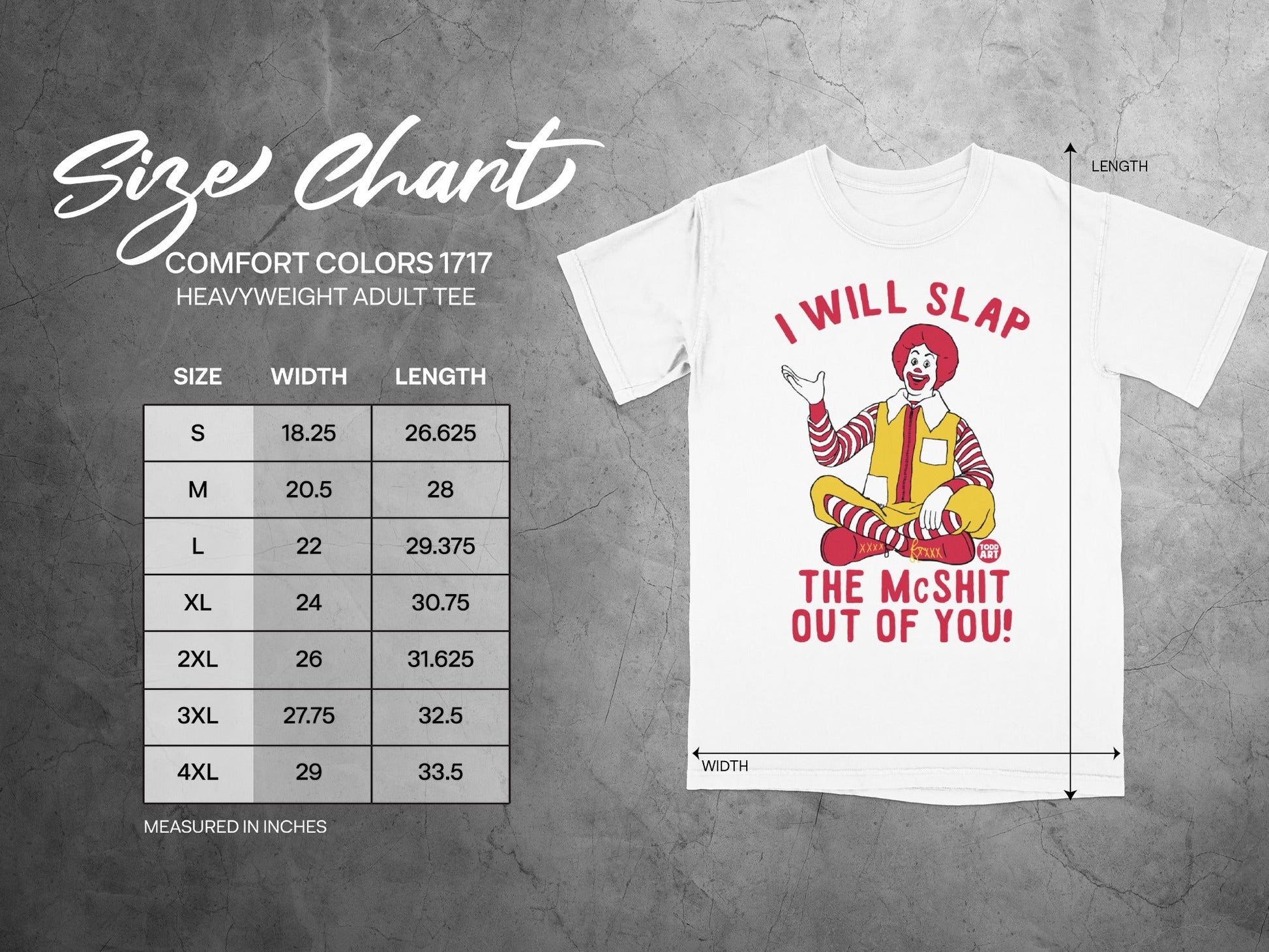 Comfort Colors 1717 heavyweight adult tee size chart with clown graphic.