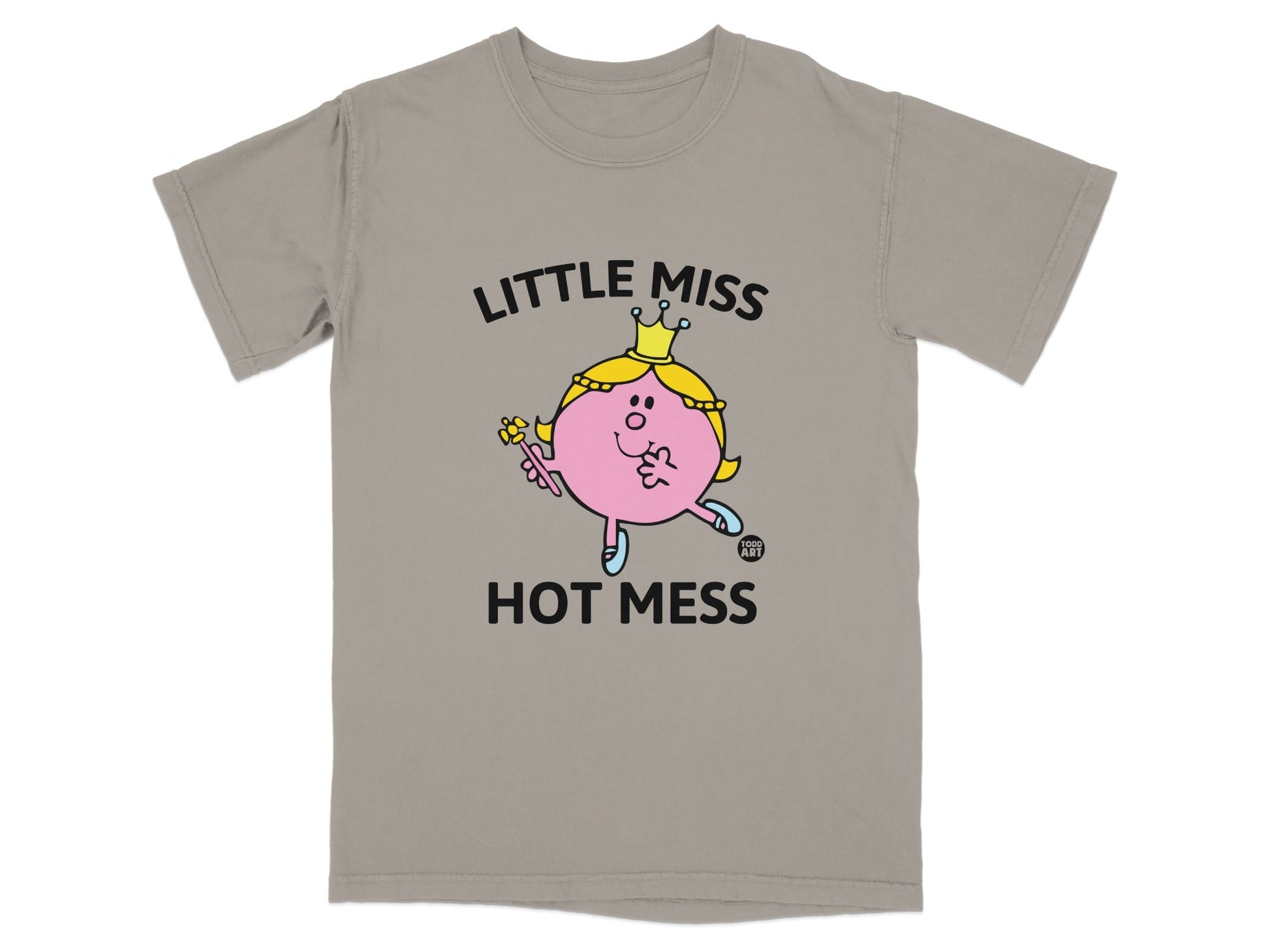 T-shirt with "LITTLE MISS HOT MESS" text and cartoon girl illustration.