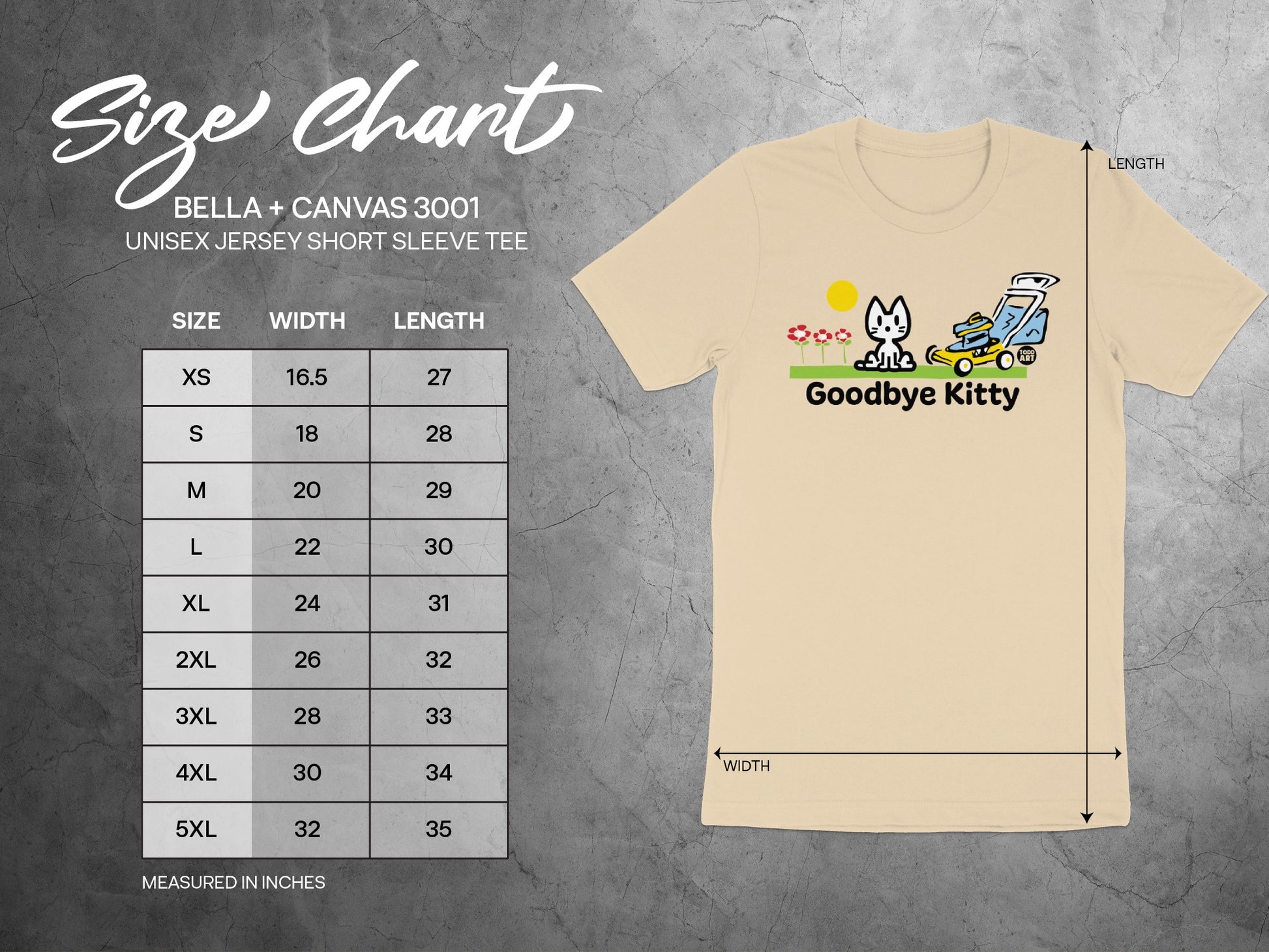 Goodbye Kitty Tee with Size Chart for All Sizes