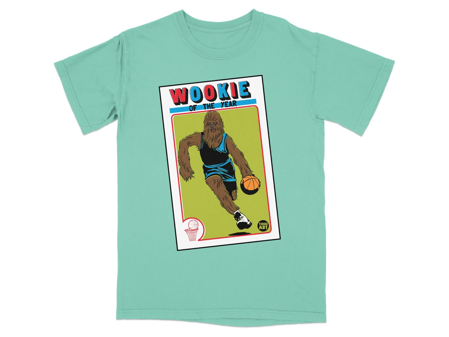 Wookiee basketball player card with "Wookiee of the Year" text on mint green t-shirt.