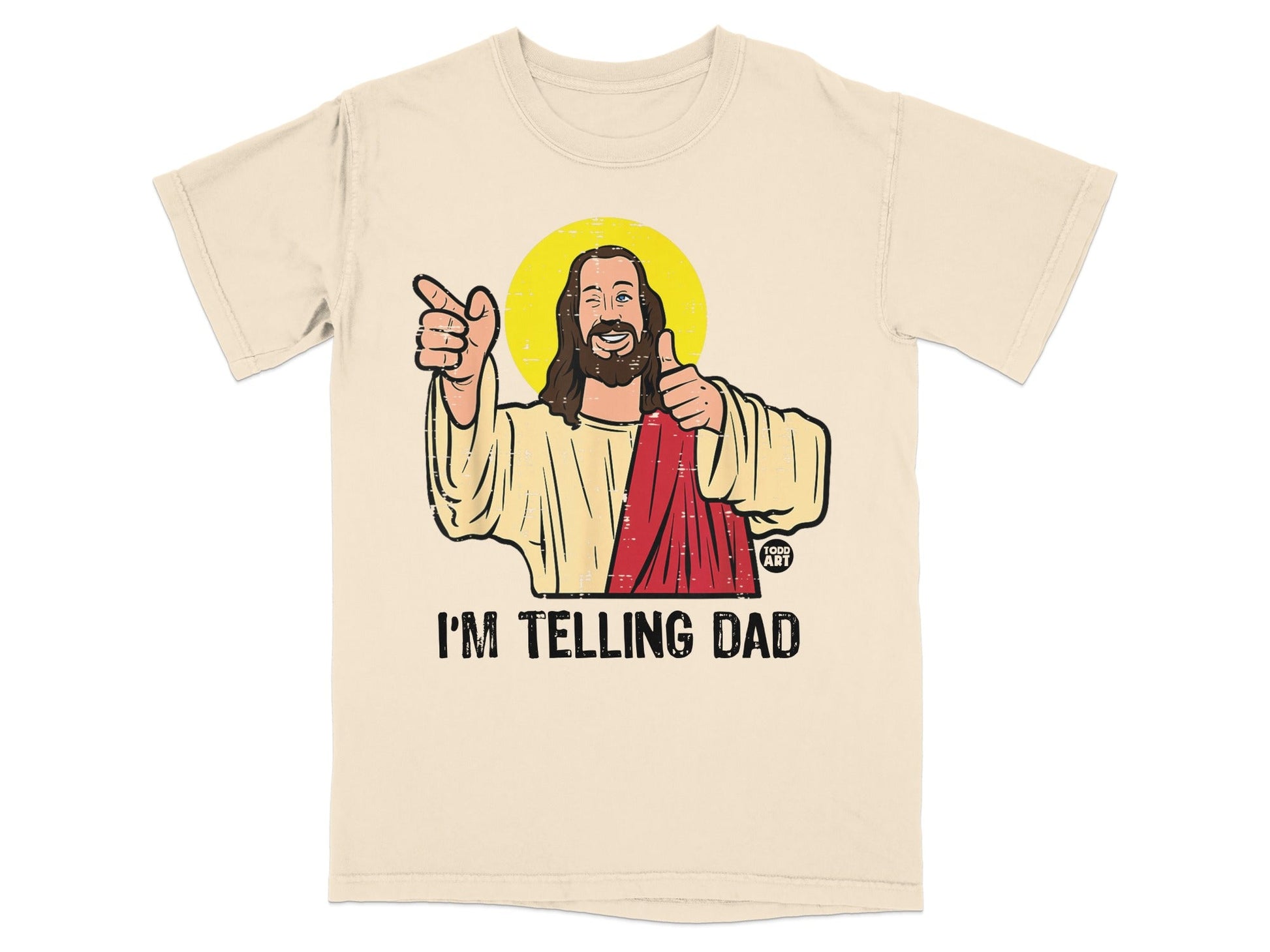 Jesus giving a thumbs up and pointing with text "I'M TELLING DAD".