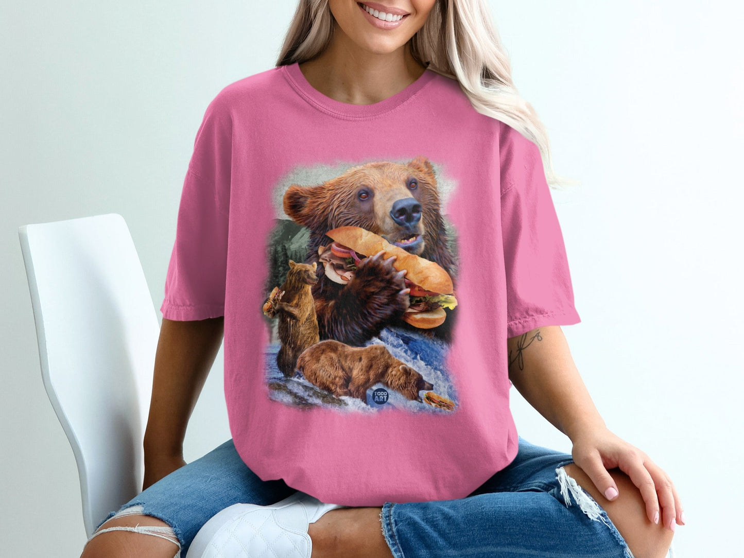 Cute Bear Eating Sandwich Graphic Tee Shirt for Adults