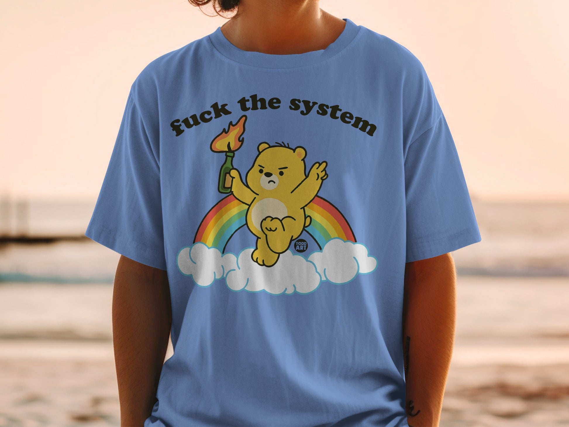 Fuck The System Bear Holding Molotov Rainbow T-shirt