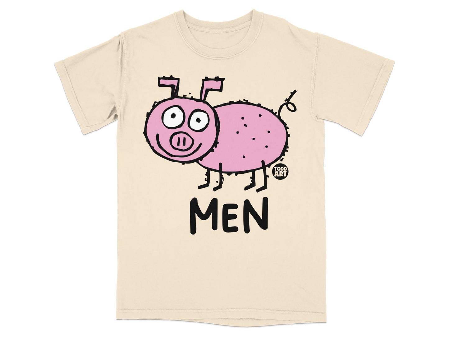 Cream t-shirt with a cartoon pink pig and "MEN" text.