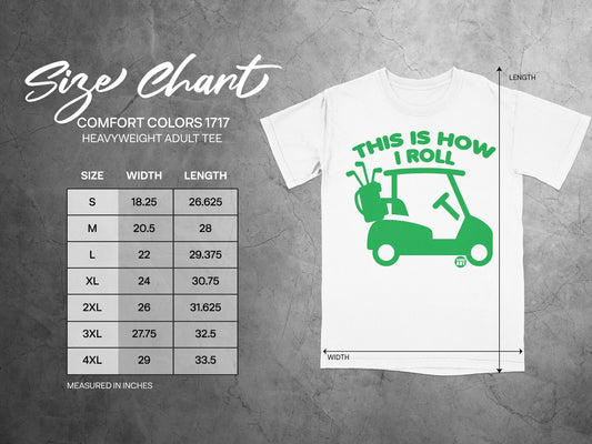 Comfort Colors heavyweight adult tee size chart with dimensions in inches and a golf cart graphic.
