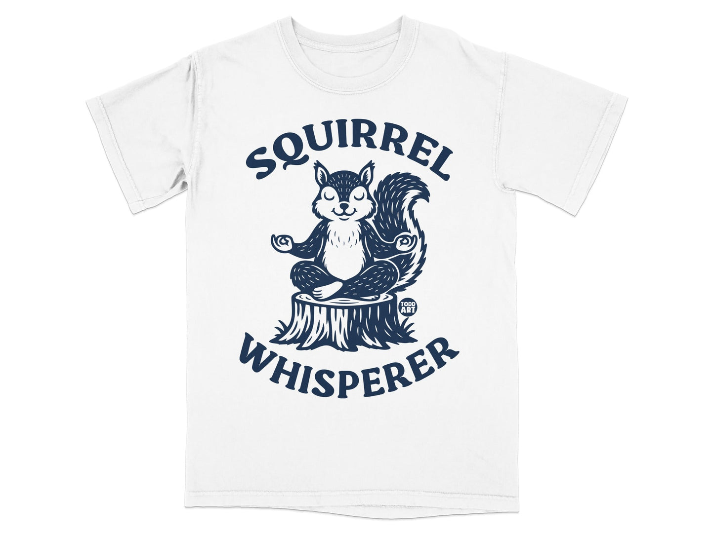 T-shirt with navy blue graphic of a meditating squirrel on a tree stump.