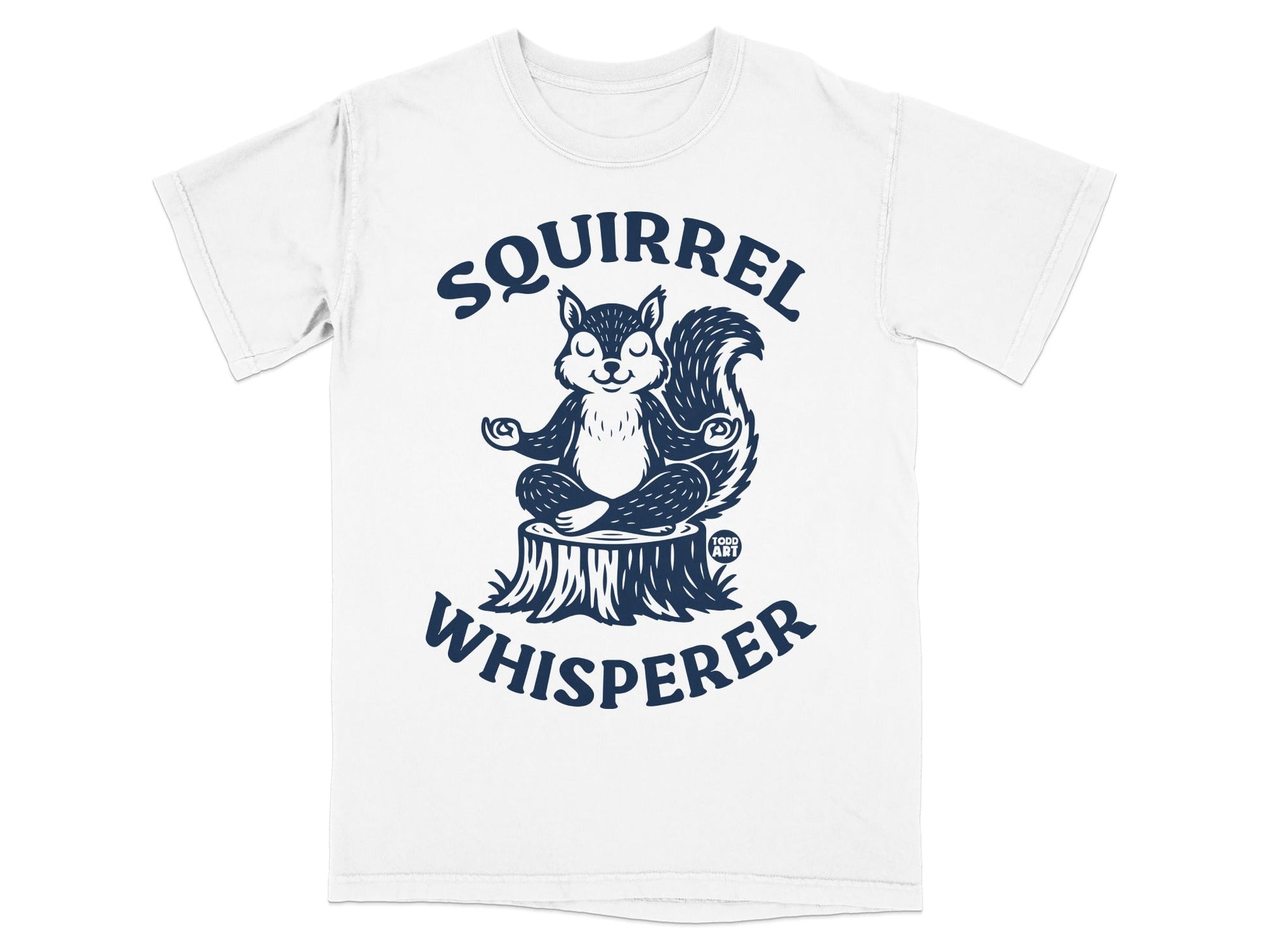 T-shirt with navy blue graphic of a meditating squirrel on a tree stump.