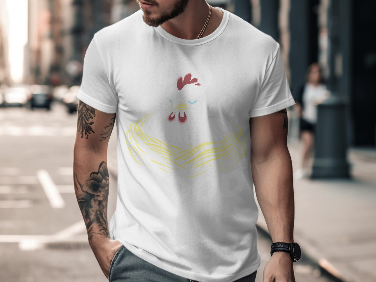 White T-shirt with Artistic Chicken Design shirt