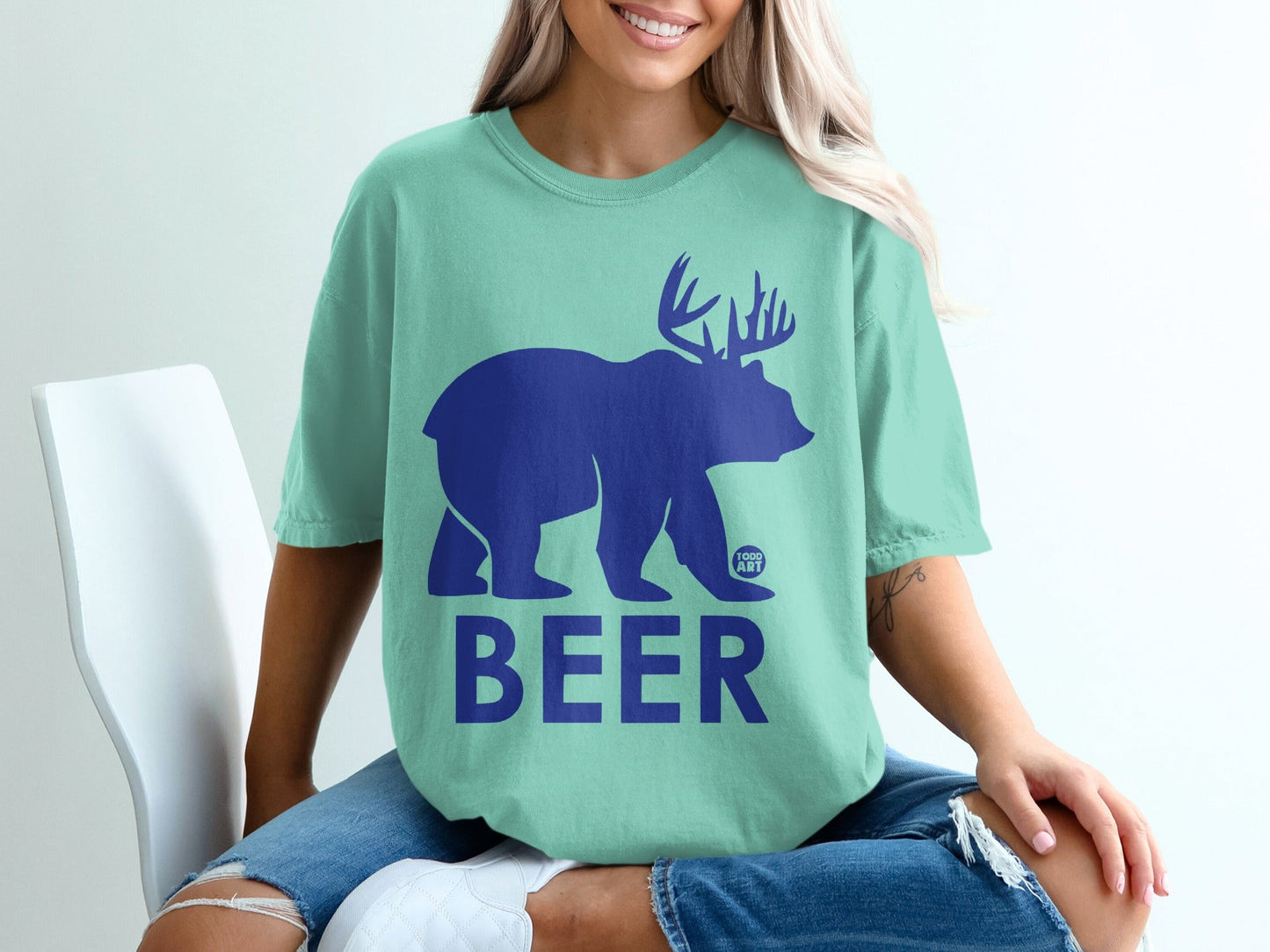 Blue Beer Bear Graphic Design on Green T-Shirt