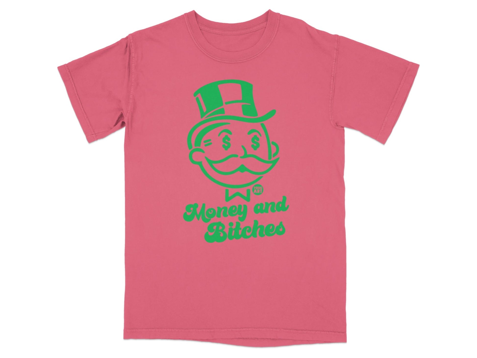 Pink t-shirt with green Monopoly man graphic and "Money and Bitches" text.