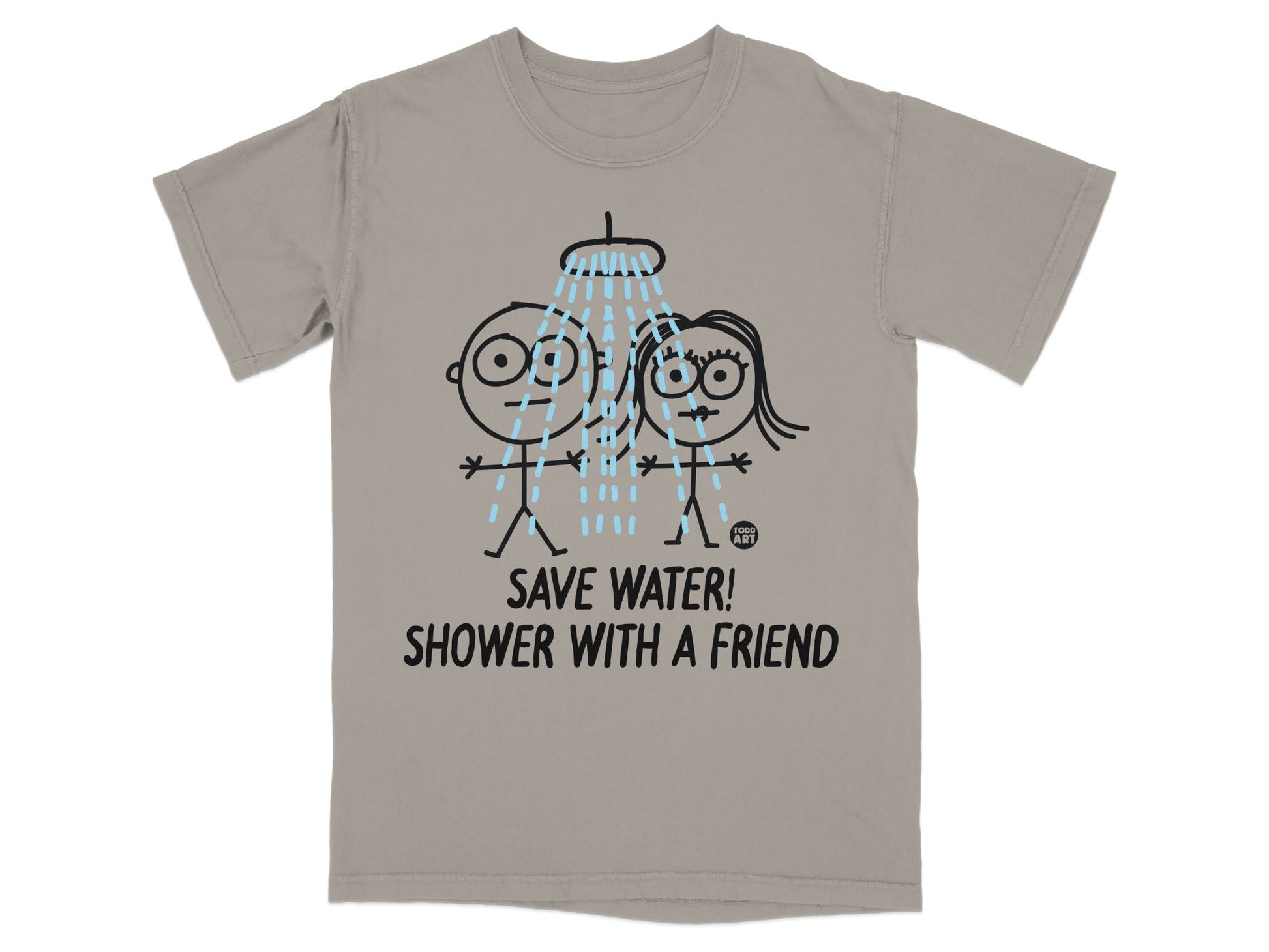 T-shirt with stick figures showering together and text "SAVE WATER! SHOWER WITH A FRIEND".