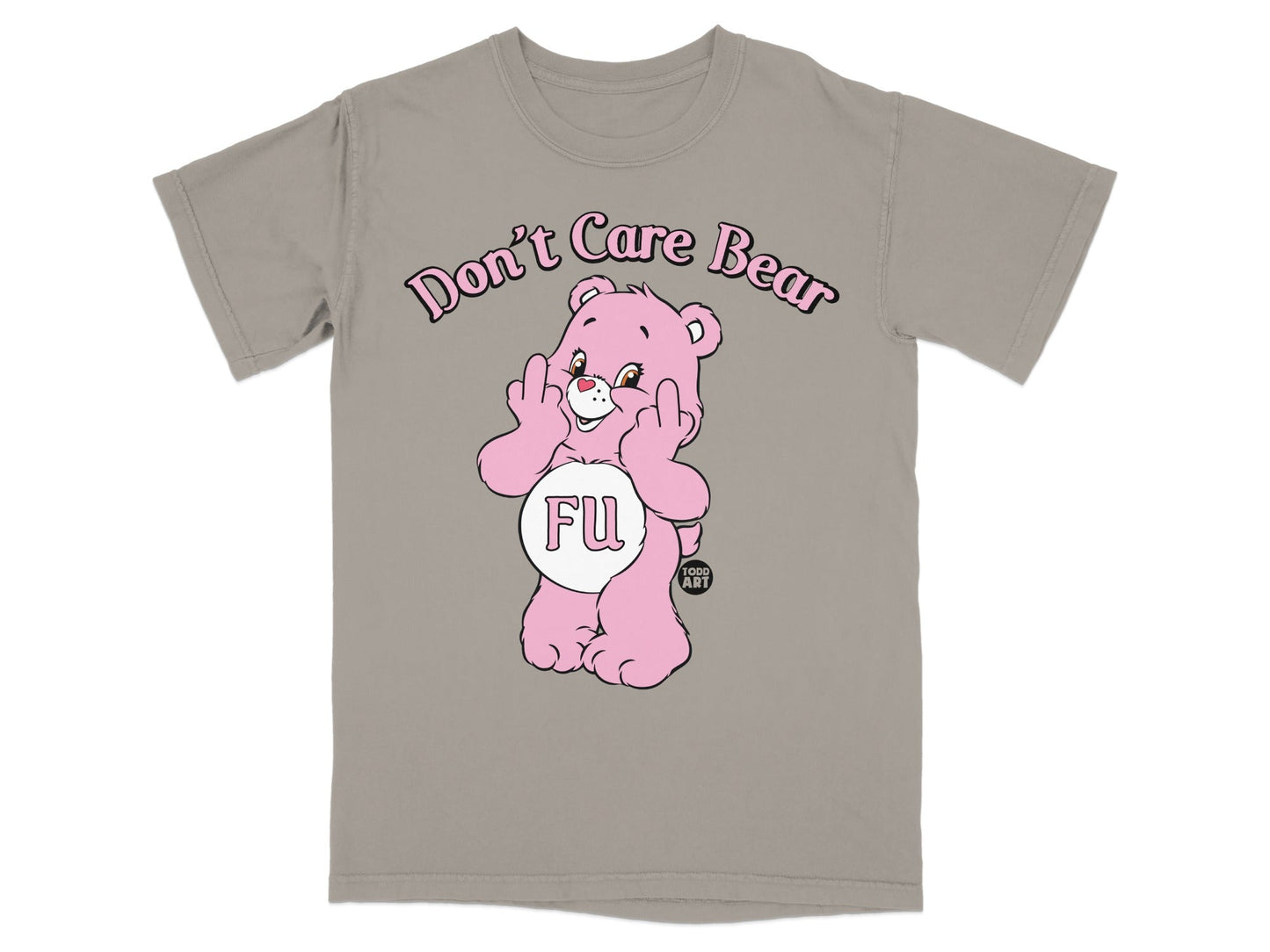 Pink teddy bear with "Don't Care Bear" text, flipping off, with FU on stomach.