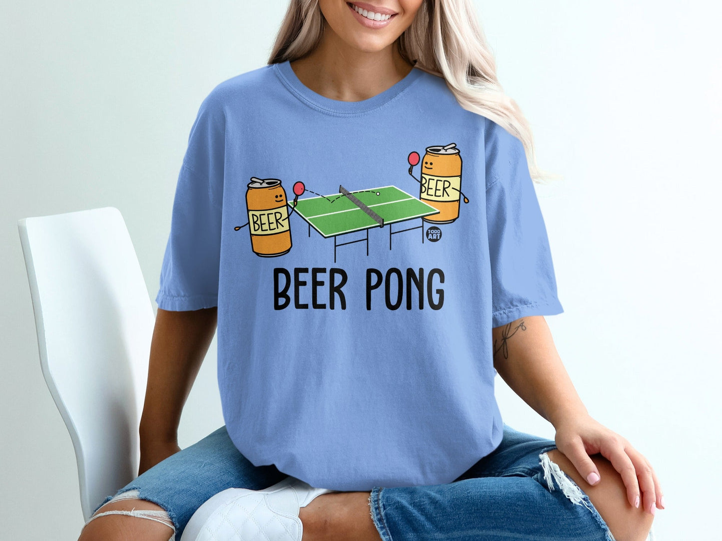Fun Beer Pong Blue T-Shirt with Cartoon Design
