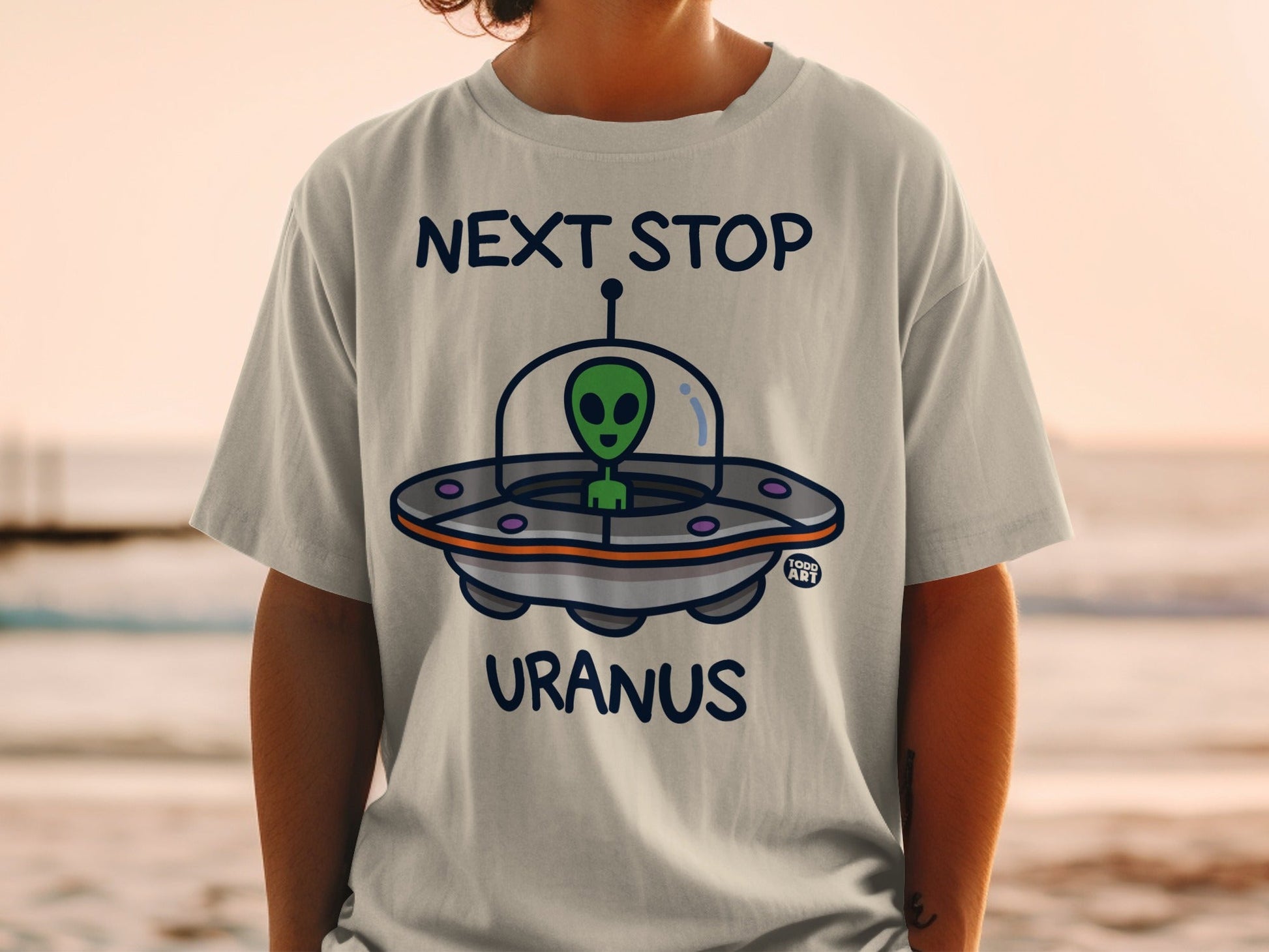 Next Stop Uranus Alien Spaceship Graphic T-Shirt