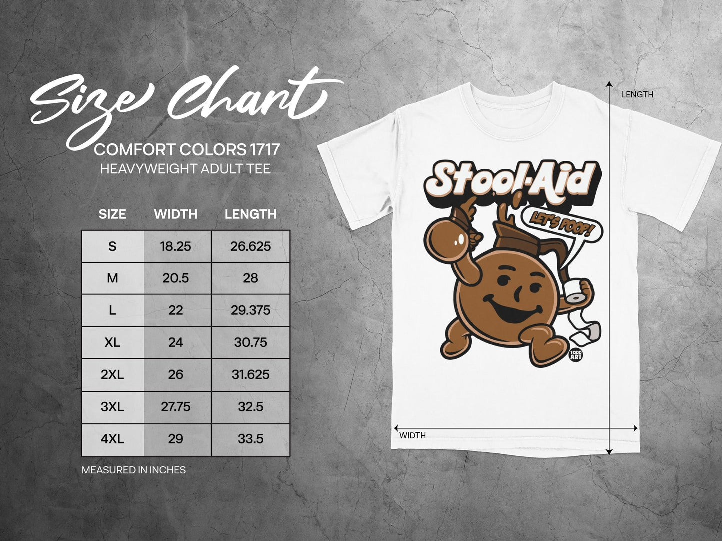 Stool-Aid size chart showing width and length measurements for adult t-shirts.