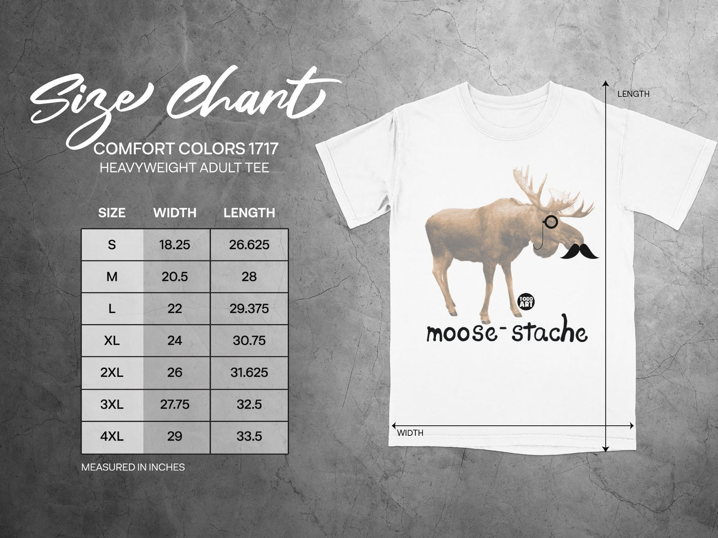 Comfort Colors 1717 size chart with moose-stache graphic.