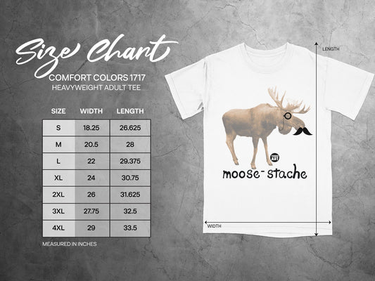 Comfort Colors 1717 size chart with moose-stache graphic.