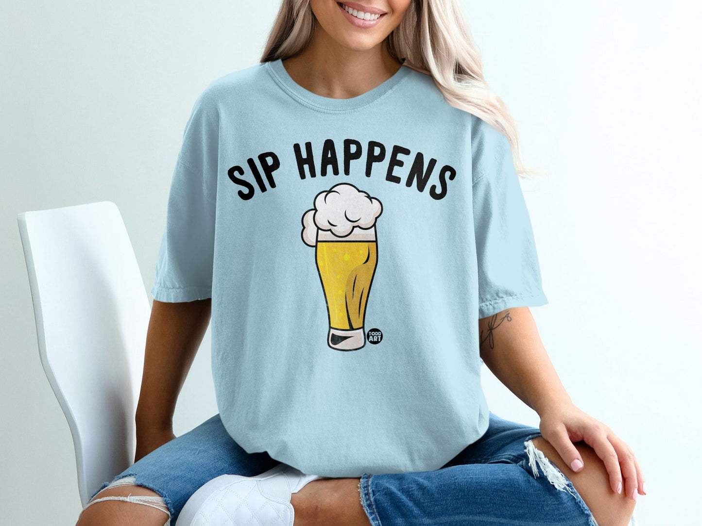 Sip Happens Graphic T-Shirt with Beer Illustration