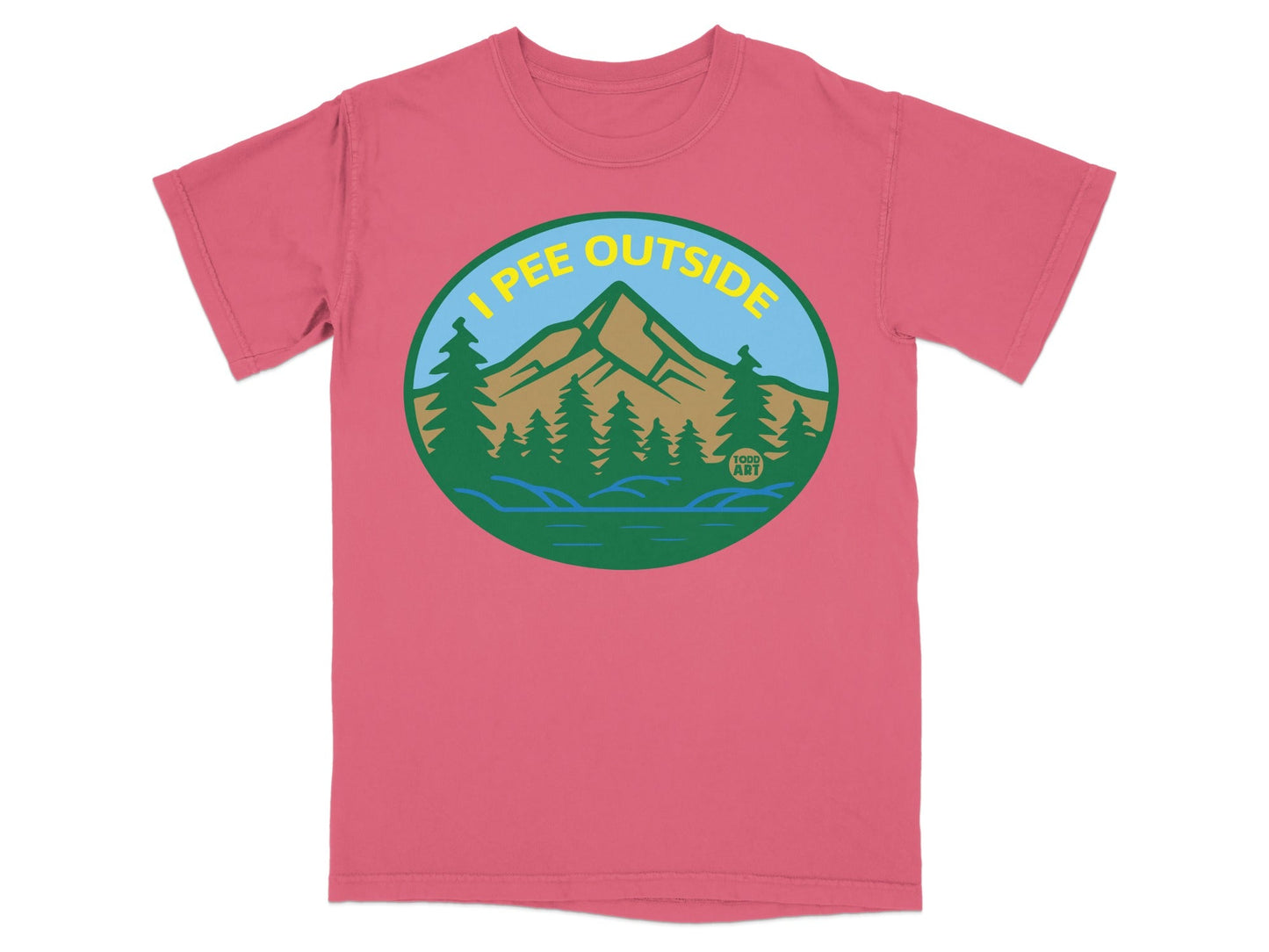 T-shirt with circular graphic of mountains, trees, and a lake with text "I PEE OUTSIDE".